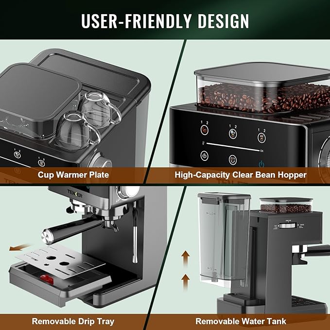 TENKER Espresso Machine with Grinder, 20 Bar Coffee Machine with Milk Frother for Home, All-in-One Stainless Steel Coffee Maker to Make Latte, Cappuccino, Hot or Cold Brew Iced Coffee, Americano