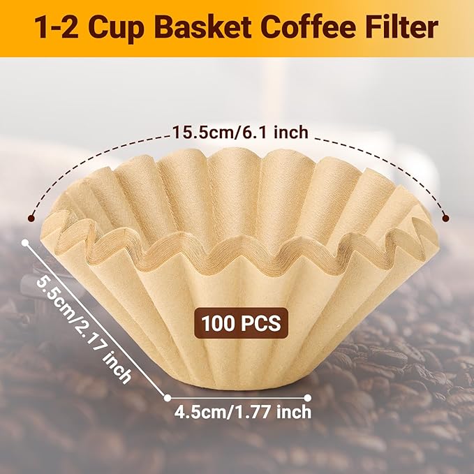 Segarty 1-2 Cup Natural Unbleached Paper Coffee Filters Disposable, 100pcs 6.1in Basket Paper Filter Pour Over Maker Basket Dripper for Office Cafeteria, Coffee Bar Accessory for Commercial Household