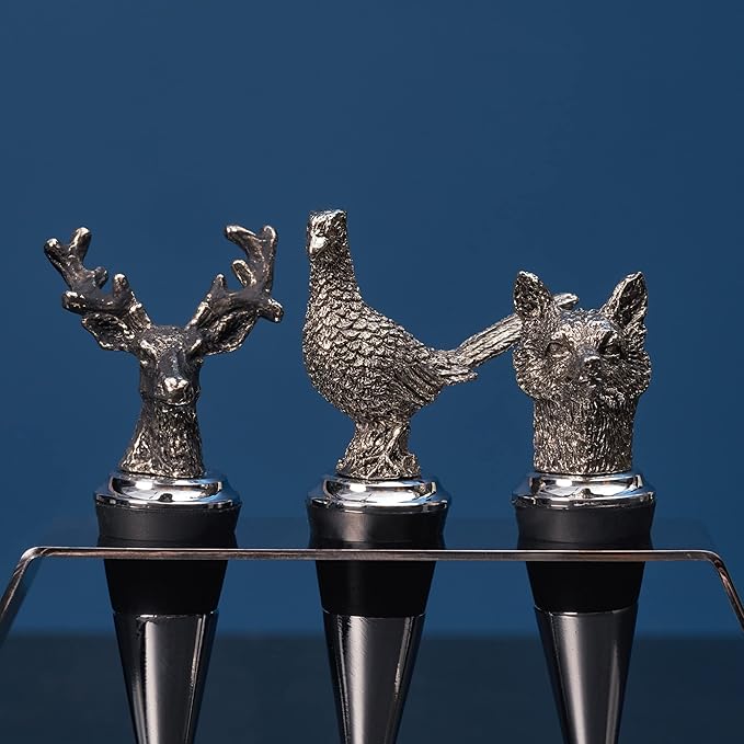 Regent Stainless Steel 3-Piece Animal Stoppers Set (Trapezium Holder) Classic Design 3 Piece Wine Stopper Set, Bottle Stoppers with stand - Set of 3