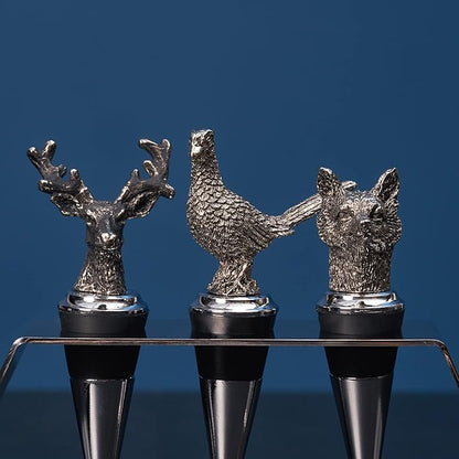 Regent Stainless Steel 3-Piece Animal Stoppers Set (Trapezium Holder) Classic Design 3 Piece Wine Stopper Set, Bottle Stoppers with stand - Set of 3