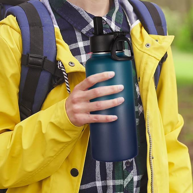 Volhoply 32 oz Insulated Water Bottle with Straw Lid and Spout Lid,Stainless Steel Sports Water Bottle,Double Wall Vacuum Cups,Leakproof Metal Flask with Wide Mouth for Hiking,Camping(Dark Night,1)