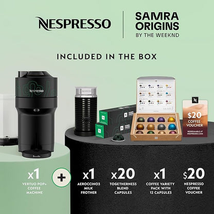 Nespresso Vertuo Pop+ Coffee and Espresso Maker by Breville, Samra Origins by The Weeknd Vertuo Metad Green Machine and Nespresso Aeroccino3 milk frother