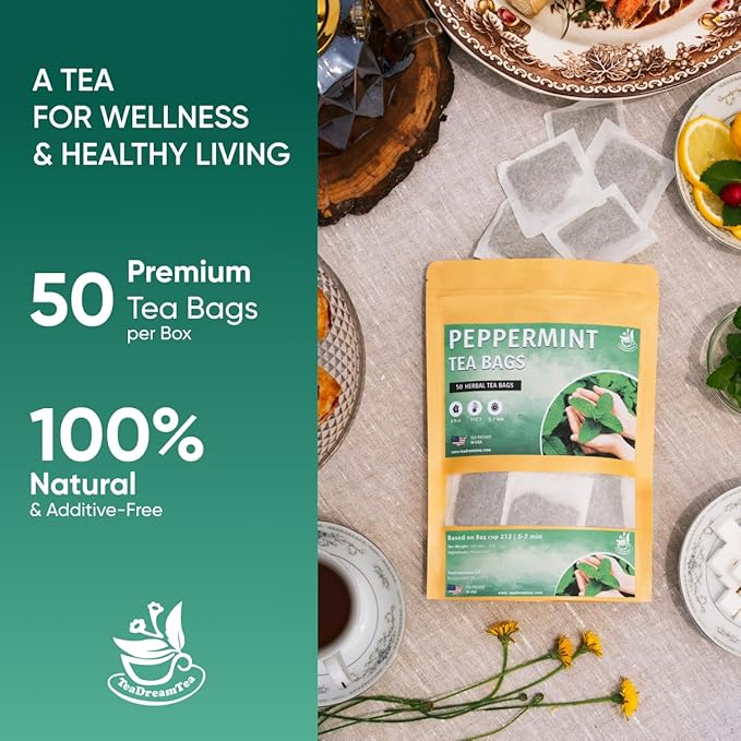 TeaDreamTea Peppermint Tea Bags - Alleviates Digestive Discomfort | Herbal Tea - Healthy Tea | Aromatic & Caffeine Free Tea - Bulk Tea Bags (50 Teabags)