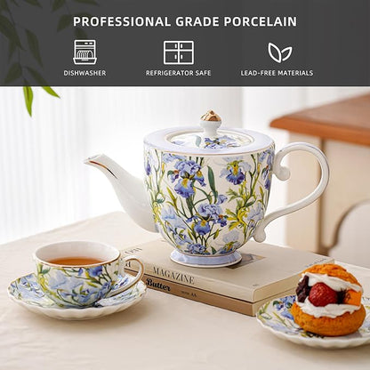 Flower Ceramic Teapot，28.7oz Blue Flower Teapot for Tea Party, Women's Gathering, Family Gathering (Blue)