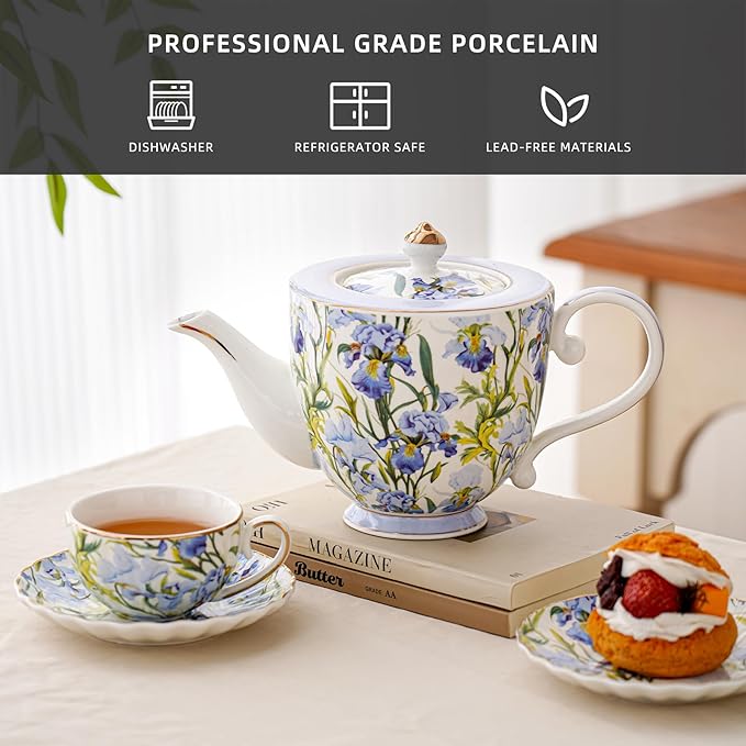 Flower Ceramic Teapot，28.7oz Blue Flower Teapot for Tea Party, Women's Gathering, Family Gathering (Blue)