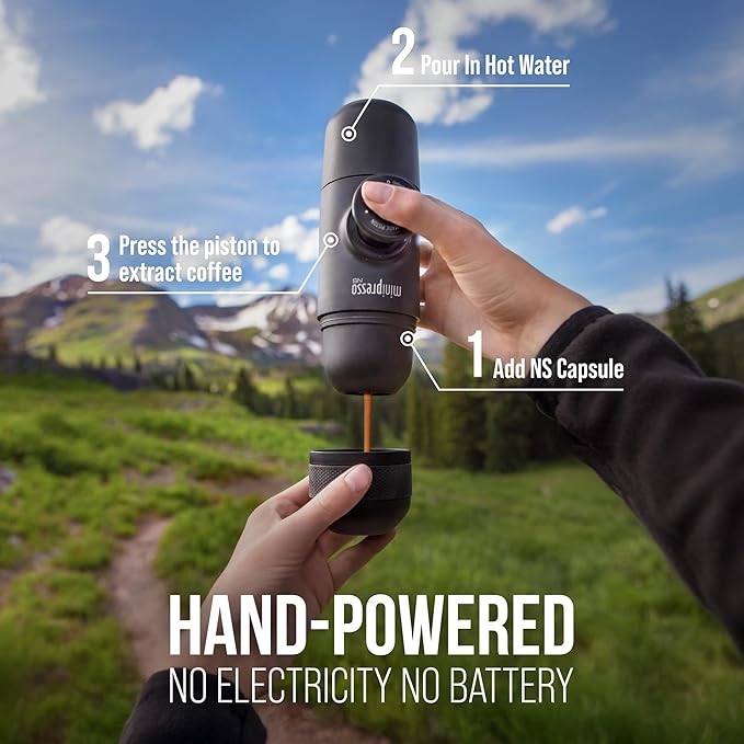 WACACO Minipresso NS, Portable Espresso Machine, Compatible Original NS Capsules, Travel Coffee Maker, Manually Operated from Piston Action