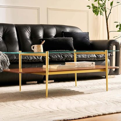 AGV LIGHTING Tadio Large Glass Coffee Table, Mid-Century Modern Coffee Table for Living Room, Gold Finish Leg, Clear Glass Top & Walnut Brown Shelf, 47 in Rrounded Corners