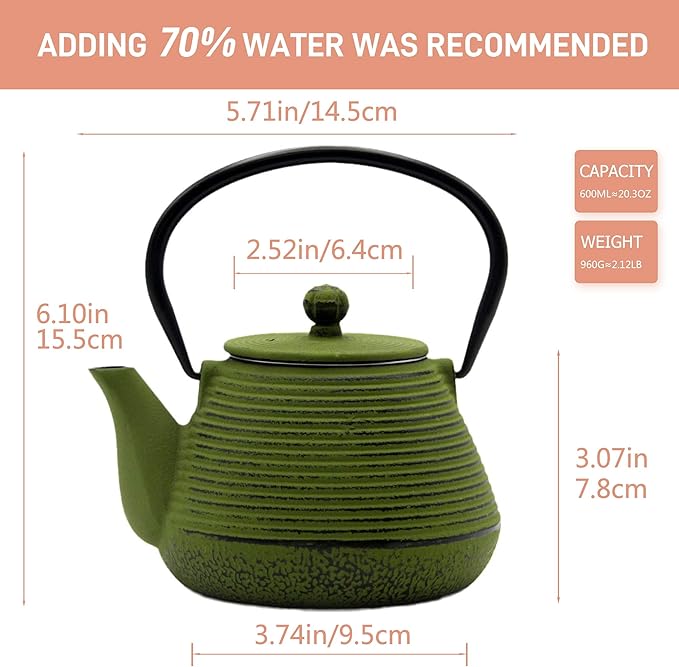 20.3oz Small Cast Iron Teapot, SECHUDO Cast Iron Tea Kettle for Stovetop Safe Coated with Enameled Interior, Iron Tea Pot with Stainless Steel Infuser for Loose Tea (Green Pinstripe Pattern)