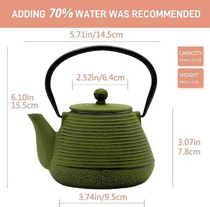 20.3oz Small Cast Iron Teapot, SECHUDO Cast Iron Tea Kettle for Stovetop Safe Coated with Enameled Interior, Iron Tea Pot with Stainless Steel Infuser for Loose Tea (Green Pinstripe Pattern)