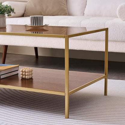 Glass Coffee Table for Living Room and Bedroom, 2-Tier Mid-Century Modern Table with Amber Tempered Glass Top and Walnut Finish Wood Shelf, Metal Legs with Gold Finish