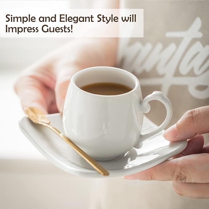 LYEOBOH Espresso Cups with Saucers Set, Porcelain Coffee Cups and Metal Stand and Spoons, Small Demitasse Cups for Espresso, Latte, Cafe Mocha, Cappuccino, and Tea, 3 OZ, Set of 6, White