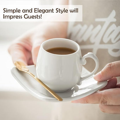 LYEOBOH Espresso Cups with Saucers Set, Porcelain Coffee Cups and Metal Stand and Spoons, Small Demitasse Cups for Espresso, Latte, Cafe Mocha, Cappuccino, and Tea, 3 OZ, Set of 6, White