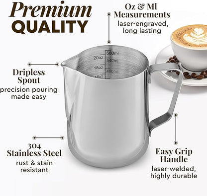 Zulay Milk Frothing Pitcher with Latte Art Pen – 12oz 20oz 32oz - Stainless Steel Frother Cup with Measurement Markings, Espresso & Coffee Accessories Creamer Jug with Laser-Welded Handle - 12 oz