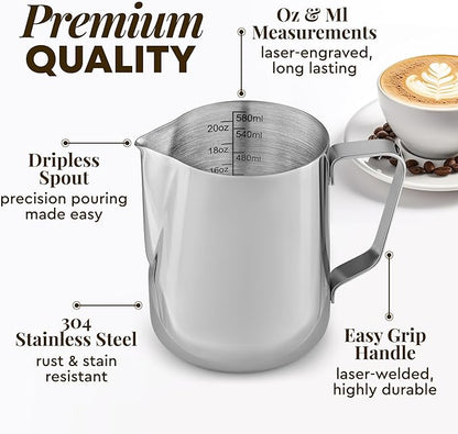 Zulay Milk Frothing Pitcher with Latte Art Pen – 12oz 20oz 32oz - Stainless Steel Frother Cup with Measurement Markings, Espresso & Coffee Accessories Creamer Jug with Laser-Welded Handle - 20 oz