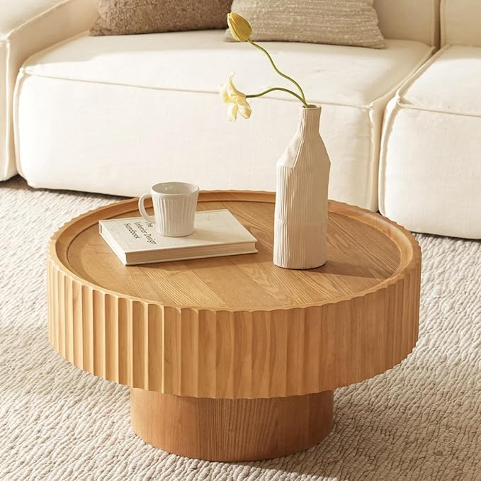 Round Coffee Table, Modern Living Room Tables with Mushroom Shape and Grooved Design, Circle Accent Pinewood Center Table for Living Room, Apartment (Nature Wood, 31.8''L×14.9''H)