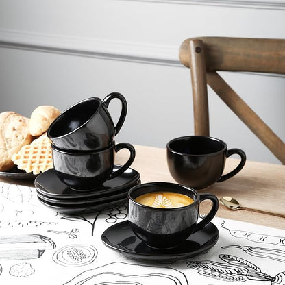 vicrays 6.5 oz Cappuccino Cups with Saucers, Set of 4, Ceramic Coffee Cup for Au Lait, Double shot, Latte, Cafe Mocha, Tea (Black)