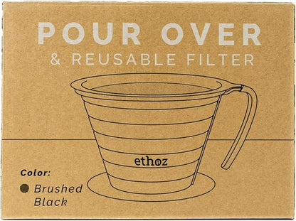 Ethoz® Pour Over Coffee Maker – Sustainable Stainless Steel Pour Over with Built-In Reusable Filter, Flat/Convex Bottom for Even Extraction, Eco-Friendly Design, Precision Anywhere Brewing