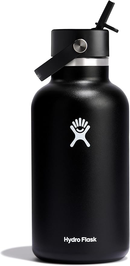 Hydro Flask Water Bottle - Insulated Stainless Steel - Wide Mouth Flex Straw Lid, Non Spill, Leakproof and Refillable in 64 Oz Black