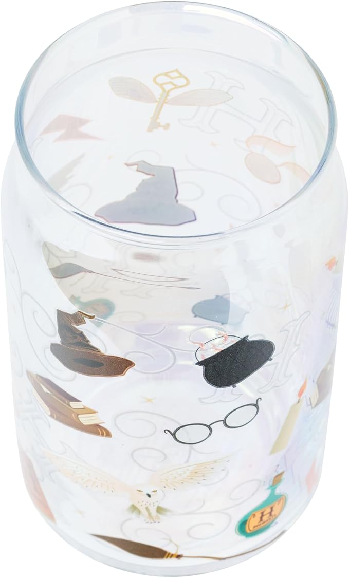 Silver Buffalo Harry Potter Iconic Icons Pattern Wands at the Ready 2 Pack Glass Jar Tumbler with Bamboo Lid and Glass Straw, 16 Ounces