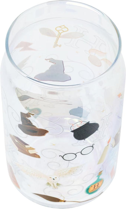 Silver Buffalo Harry Potter Iconic Icons Pattern Wands at the Ready 2 Pack Glass Jar Tumbler with Bamboo Lid and Glass Straw, 16 Ounces