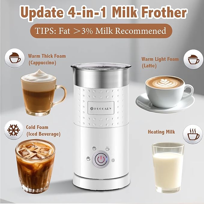 Huogary Electric Milk Frother and Steamer - 4 In 1 Automatic Milk Steamer, 300ml/10.1oz Hot& Cold Foam Maker and Milk Warmer For Latte, Cappuccinos, Macchiato, White