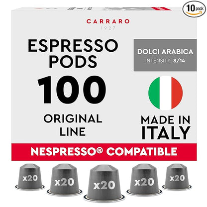 CARRARO 1927 Dolci Arabica - 100 Aluminum Coffee Pods Compatible with Nespresso Original line - Intensity 8/14, Medium Roast 100% Arabica Coffee Capsules Made in Italy
