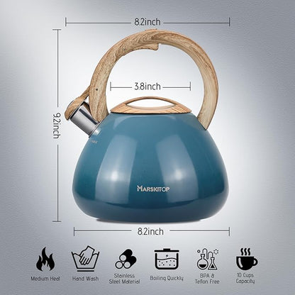 MARSKITOP Tea Kettle Stovetop Whistling Tea Pots for Stove Top Food Grade Stainless Steel Teapot for Induction Cooktop, 2.6 Quart, Blue