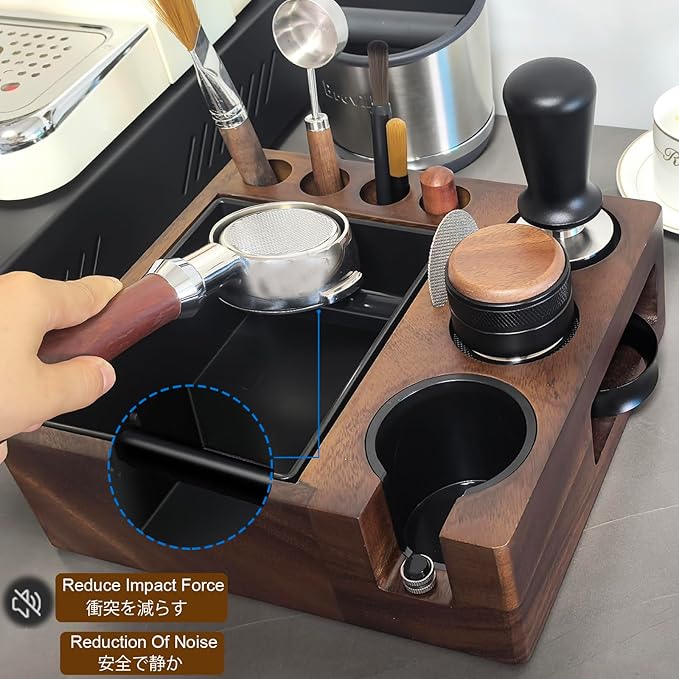 Espresso tamping station and knock box,Wooden portafilter holder,Espresso organizer station box,Tamping station fit for storage 51/54/58mm coffee accessories,Multifunctional espresso station