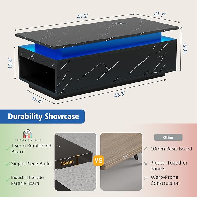 LED Coffee Table with Storage, Black Coffee Table with Wireless Charging and Speaker, High Glossy Modern Center Table with 24 Color LED Lights for Living Room Bedroom, Black