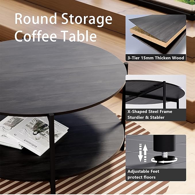 Round Coffee Table, 2-Tier 32.9" Circle Coffee Tables with Storage Wood Rustic Farmhouse Center Circular Coffee Table for Living Room Bedroom Balcony Office - Grey