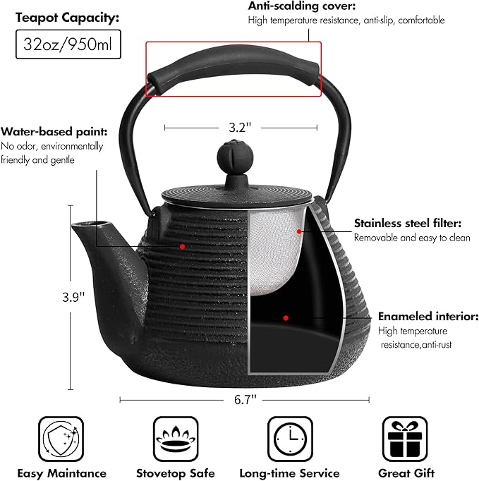 Cast Iron Teapot, 33oz Tea Kettle Stovetop Safe with Infuser for Tea & Coffee, Hand made Japanese Tea Pot Coated with Enameled Interior, Silicone Handle, 950ml Black