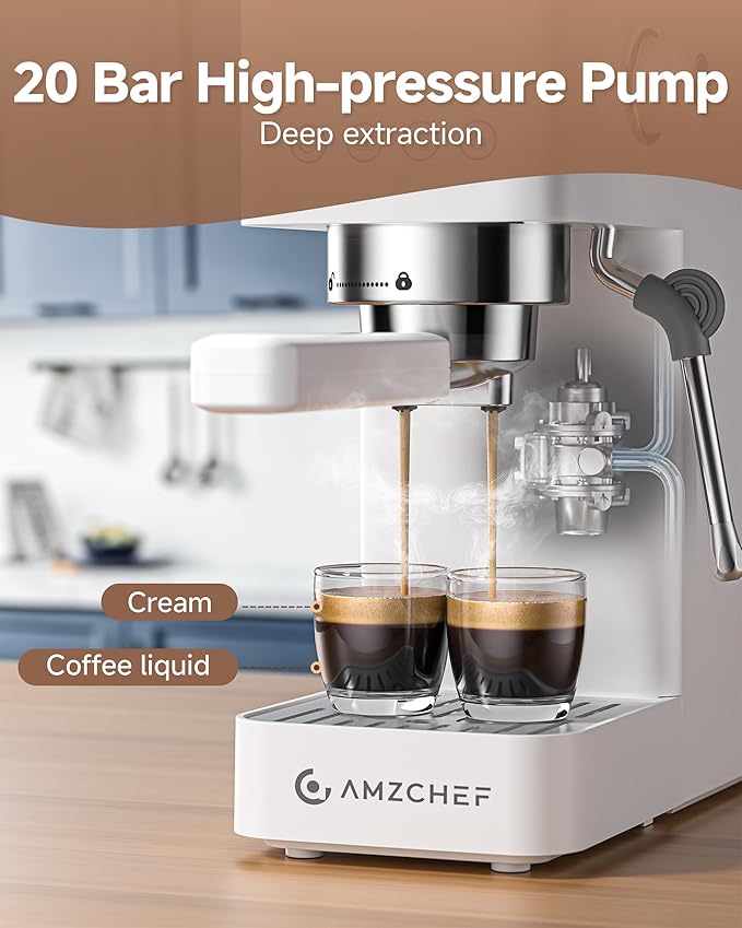 AMZCHEF Espresso Machine 20 Bar, Compact Espresso Maker with Steam Milk Frother, Coffee Maker with 41oz Removable Water Tank for Home, Coffee Machine for Cappuccino, Latte, Americano, 1350W