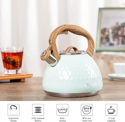 Tea Kettle, Toptier Teapot Whistling Kettle with Wood Pattern Handle Loud Whistle, Food Grade Stainless Steel Tea Pot for Stovetops Induction Diamond Design Water Kettle, 2.7-Quart Light Green