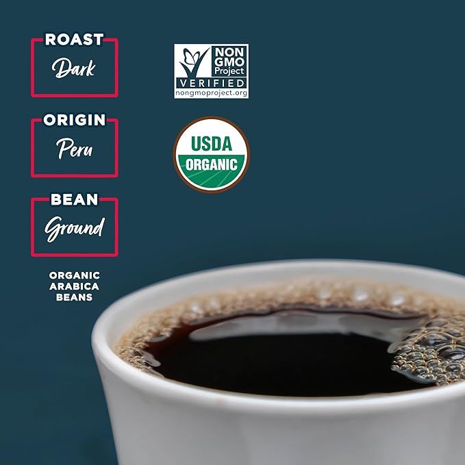 Laird Superfood Peruvian Dark Roast Coffee with Functional Mushrooms, Certified Organic Peruvian Ground Coffee Beans, Gluten-Free, Dairy-Free, Non-GMO, Paleo, Keto Friendly, 12 oz. Bag