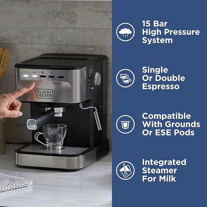 BLACK+DECKER Semi-Automatic 15 Bar Espresso and Cappuccino Maker, Versatile Machine with Ability to use Grounds or ESE Pods to Make Your Perfect Cup of Coffee