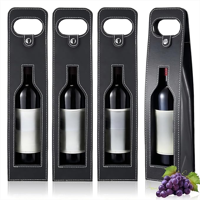Abbylike 4 Pcs Wine Tote Bag Reusable Leather Wine Carrier Tote Wine Purse Case Holder Single Bottle Champagne Beer Gift Bags Carrier for Christmas Wedding Birthday(Window Style,Black)