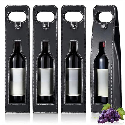 Abbylike 4 Pcs Wine Tote Bag Reusable Leather Wine Carrier Tote Wine Purse Case Holder Single Bottle Champagne Beer Gift Bags Carrier for Christmas Wedding Birthday(Window Style,Black)