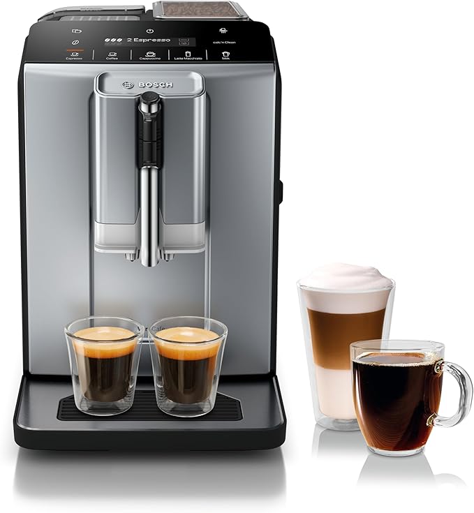 Bosch TIU20508 300 Series Fully Automatic Espresso Machine with Milk Express (in-cup frother), LCD + Touch Control Panel, Cup Warmer, OneTouch Milk-based Beverages and 5 Beverage Options, Dark Silver