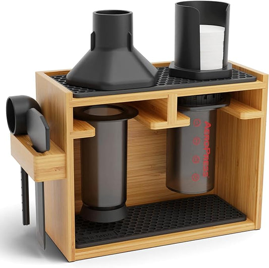 HEXNUB – Bamboo Organizer for AeroPress, Coffee Caddy Station Holds AeroPress Coffee Maker, Accessories, Filters, Cups, Stand includes Dripper Mats (Black)