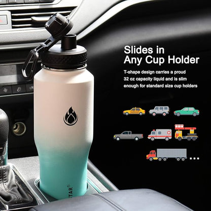 SENDESTAR Water Bottle 32oz,2 Lids(Straw lid),Wide Mouth Stainless Steel Vacuum Insulated Double Wall Keep Liquids Cold or Hot All Day,Sweat Proof Sport Design,Fit Car Cup Holder(White&Tiffany)