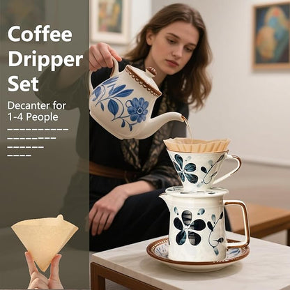 Ceramic Pour Over Coffee Maker Set, 60 Angle Ceramic Coffee Dripper with Single Hole, Coffee Pot & 100 Paper Filters for Home, Travel, Camping (1-4 Cup)
