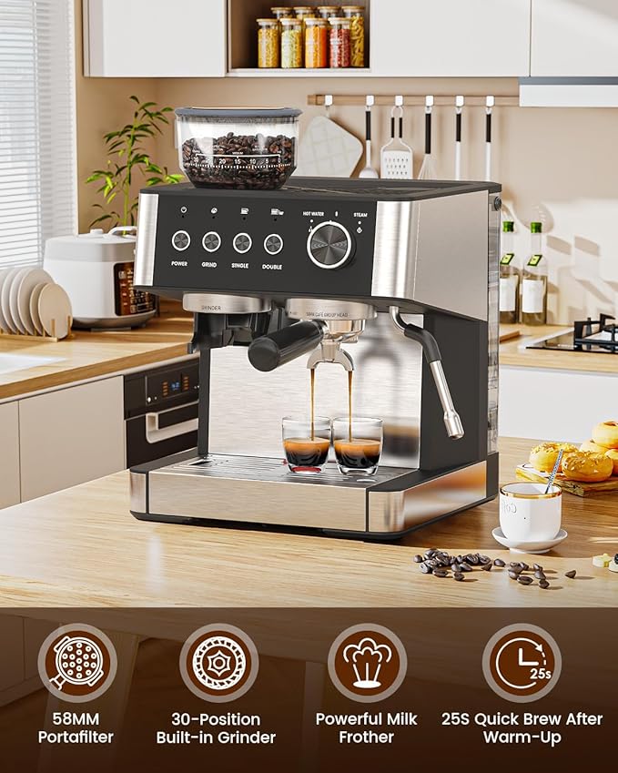 (2025 Upgrade) 20 Bar Espresso Machine with Built-in Anti-Clog Coffee Grinder, Expresso Coffee Machines with Milk Steam Wand/Frother/Tamping Tools,Espresso Maker with Grinder for Lattes, Cappuccinos