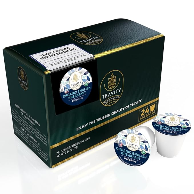 Organic English Breakfast Tea Pods for Keurig - Naturally Caffeinated Unsweetened Black Tea Pods by Teavity (24 Tea Pods)
