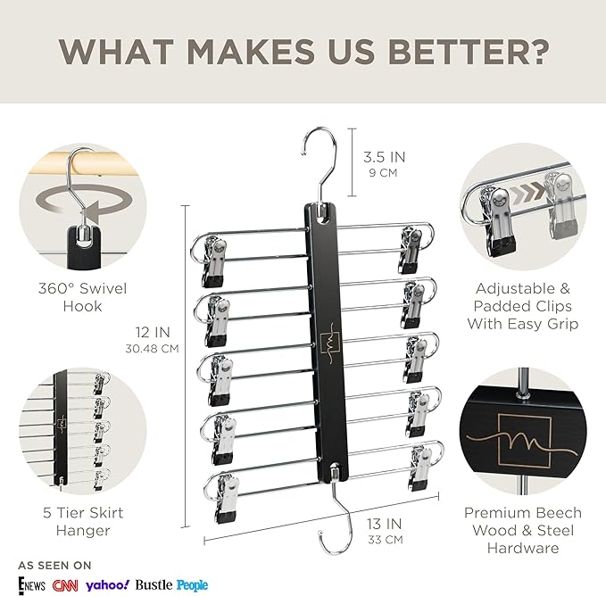 MORALVE Skirt Hangers Space Saving with Clips - 2 Pack - European Beechwood 5-Tier Hanger for Shorts, Skirts, and Pants - Closet Organizer and Storage Solution for Women with 360° Swivel Hook