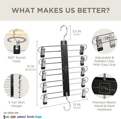 MORALVE Skirt Hangers Space Saving with Clips - 2 Pack - European Beechwood 5-Tier Hanger for Shorts, Skirts, and Pants - Closet Organizer and Storage Solution for Women with 360° Swivel Hook