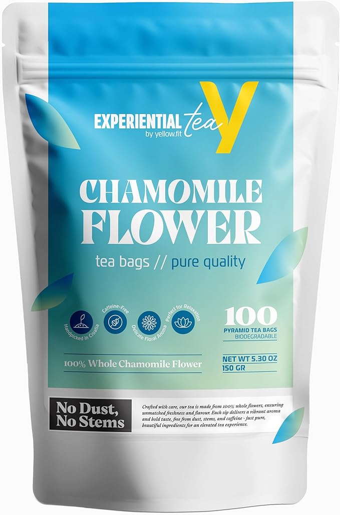 Chamomile Tea Bags – 100% Whole Chamomile Flower, Handpicked in Croatia, 1500mg per Bag, Biodegradable Pyramid Bags, Caffeine-Free, Calming Tea, Floral Aroma, 100 Count