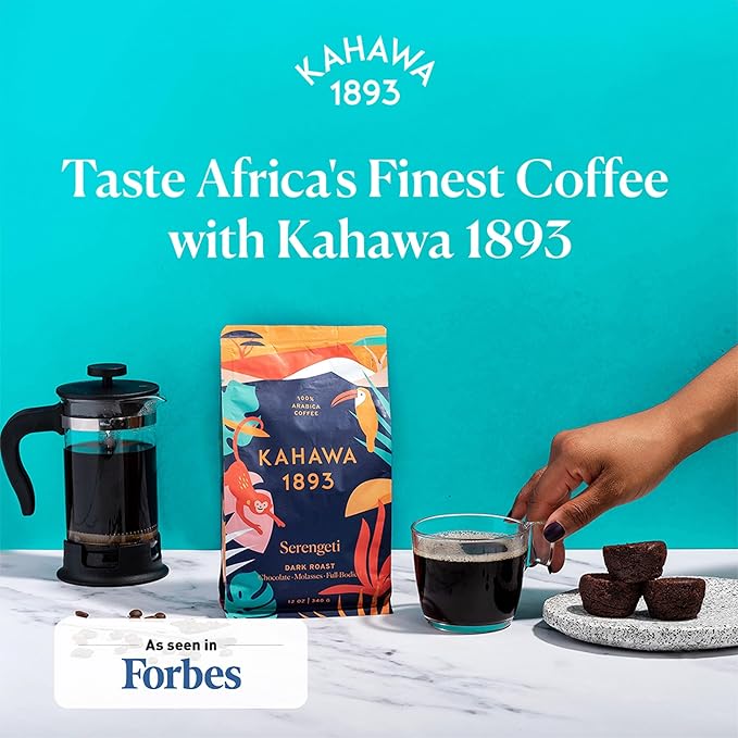 Kahawa 1893 Ground Coffee Dark Roast Serengeti Blend 12 Oz - As Seen on Shark Tank, Low Acid, High Antioxidants, Naturally Sweet, Organically Grown, Ethically & Sustainably Sourced