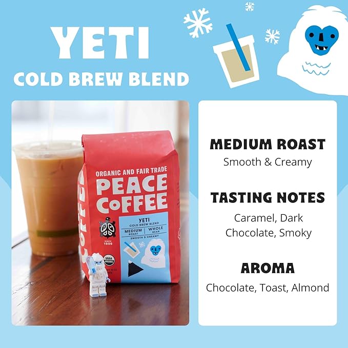 Peace Coffee Yeti Cold Brew Blend | 20 oz Medium Roast Whole Bean | Organic Fair Trade | Smooth, Rich Flavor | Shade Grown, Fresh Roasted