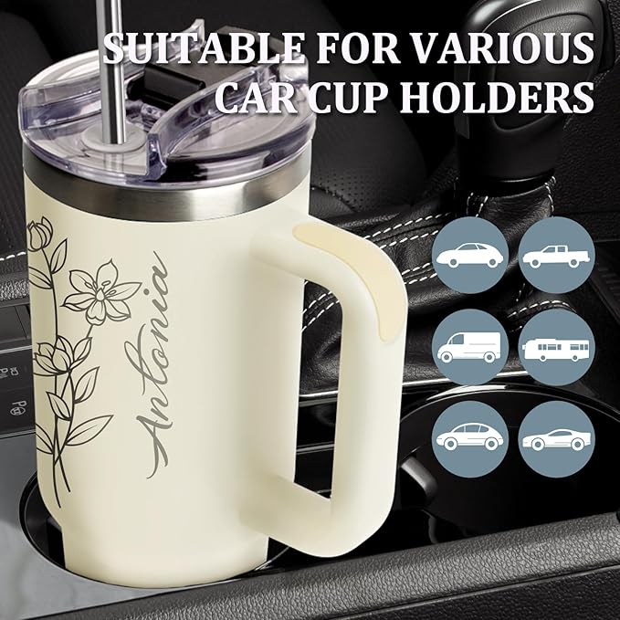 Personalized 40 Oz Tumbler with Handle, Made in USA Custom Tumbler With Name - Lid and Straw, Stainless Steel Coffee Tumbler Travel Coffee Mug Cup, Personalized Gift for Women Men Birthday