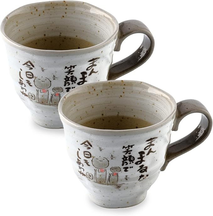 Mino Ware Japanese Coffee Mug Set of 2, Japanese Tea Cups, Jizo Statue Design, 8.8 oz, Handmade Ceramic Coffee Mug